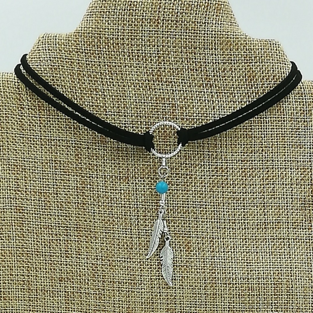 Handmade, Silver Feathers Black Faux Suede Choker - Picture 6 of 8